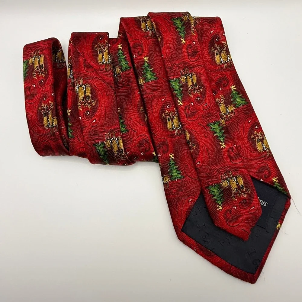 Jerry Garcia Necktie OS Christmas Reindeer Tree Red Silk Holiday 90s Vintage Tie